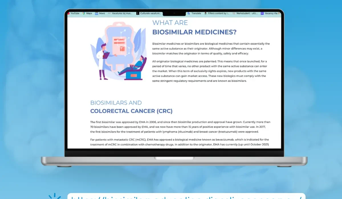 Završna grafika Globalnog tjedna biosličnih lijekova 2026. s prikazom DiCE-ove edukativne internetske stranice na zaslonu prijenosnog računala.